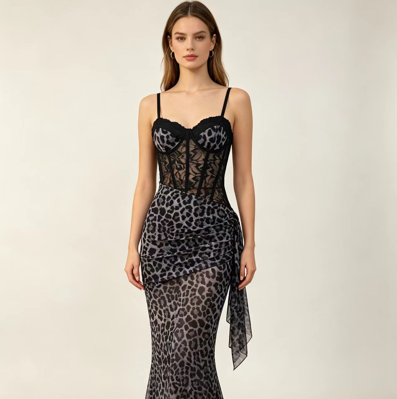 Women's Leopard Print Mesh Fishbone Bandeau Sexy Lace Dress