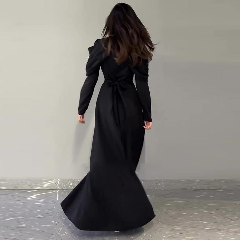 Women's Elegant Collar Open Diamond Black Long Dresses