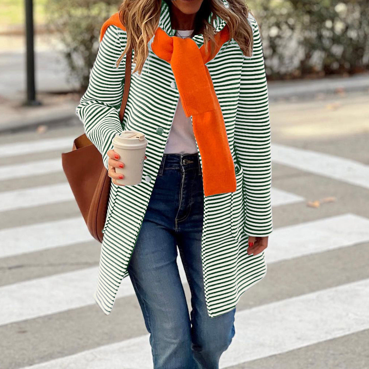 Women's Elegant Striped Hooded Knitted Long-sleeved Coats