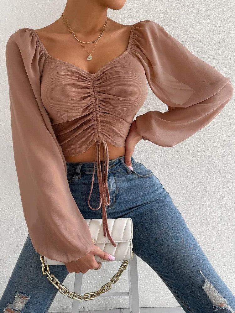 Women's Sexy Stitching Chiffon Drawstring Lantern Sleeve Tops