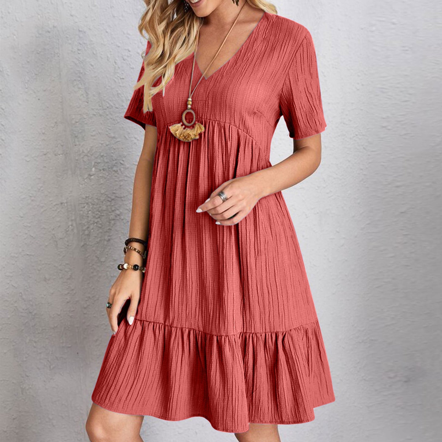 Women's Loose Solid Color Pleated Casual Lace Dress