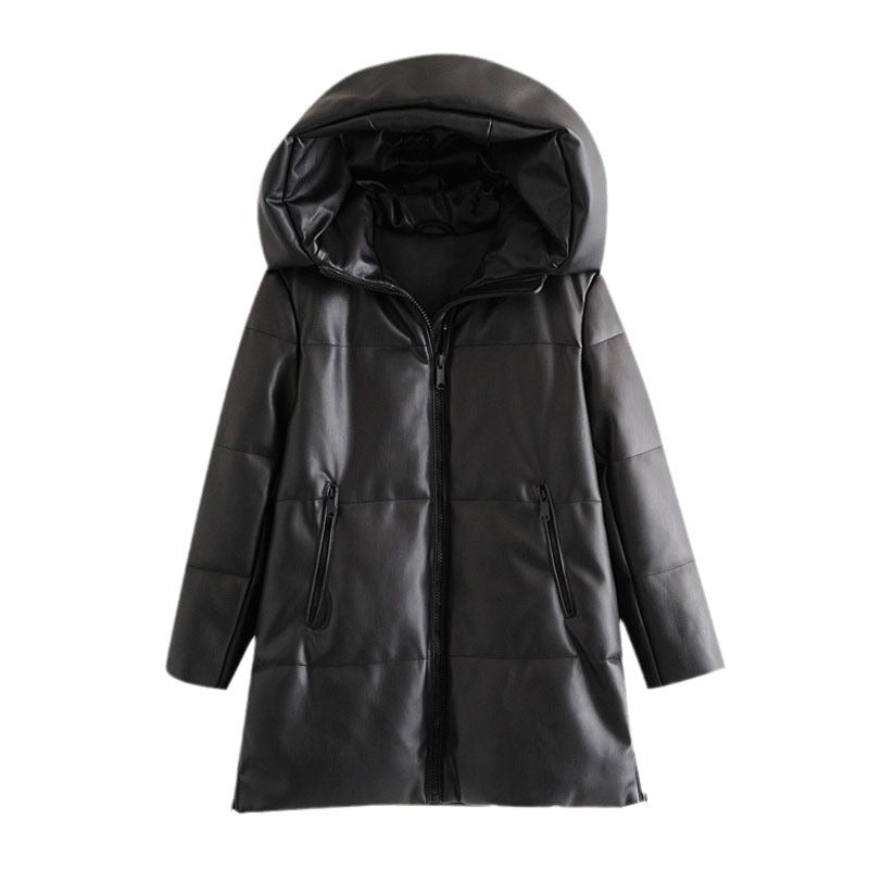 Women's Thick Warm Faux Leather Parka Hooded Coats
