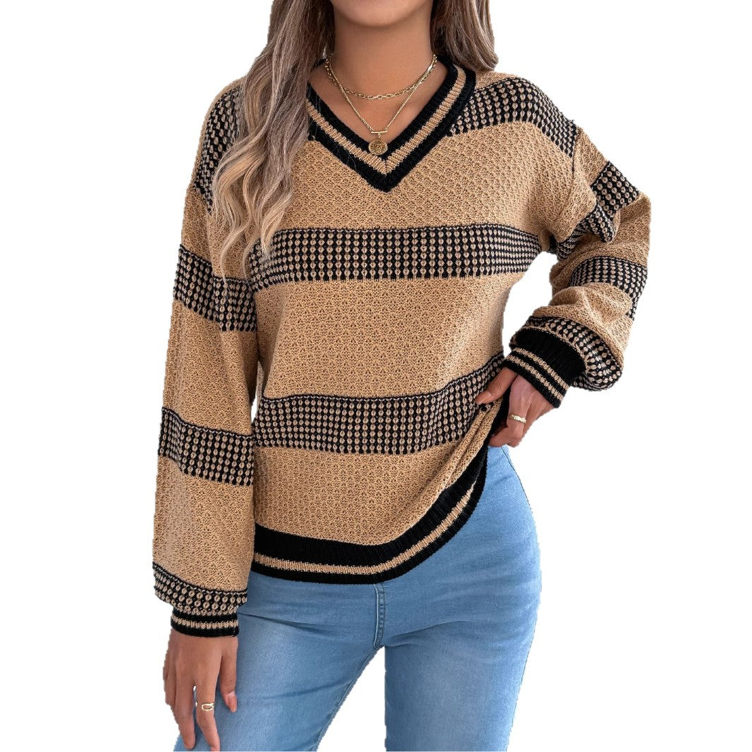 Women's Contrast Color Striped Lantern Long Sleeve Sweater