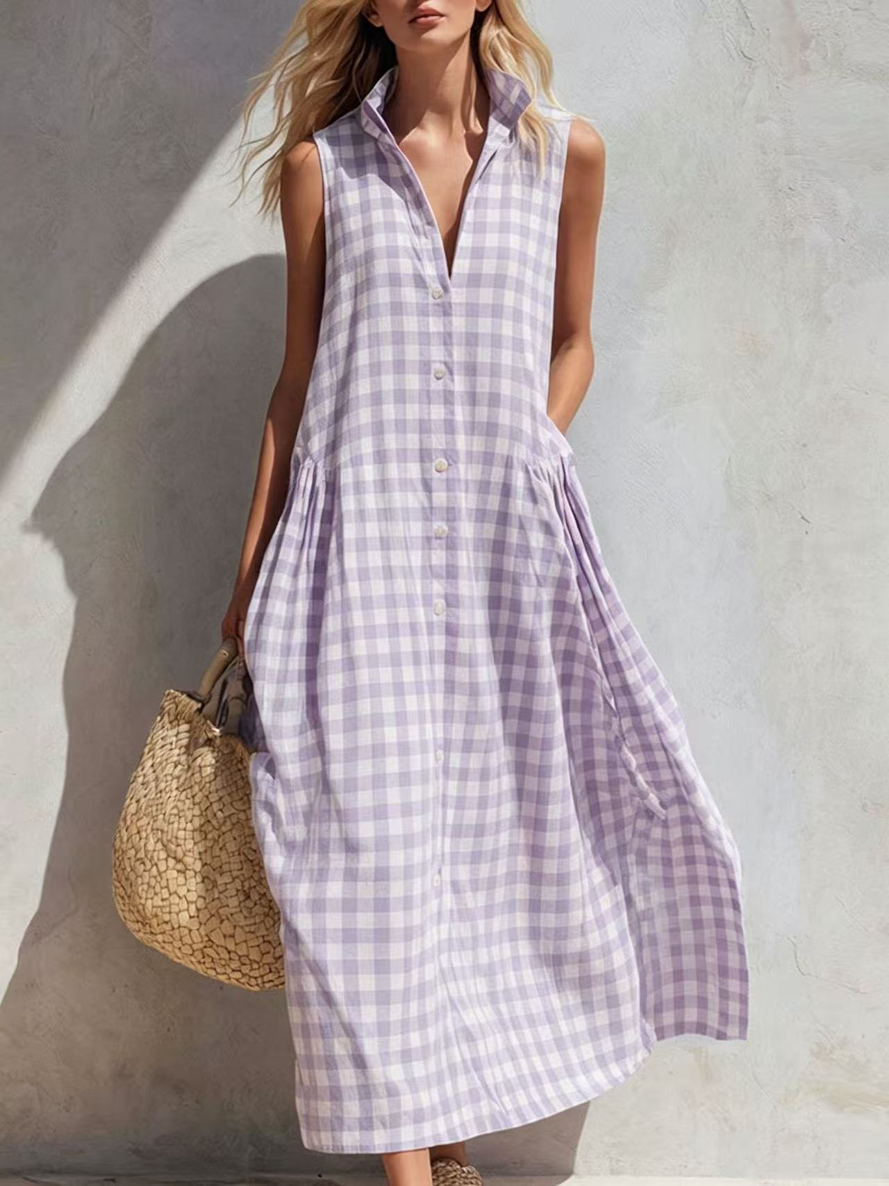 Sleeveless Summer Vacation Style Seaside Plaid Loose Dress