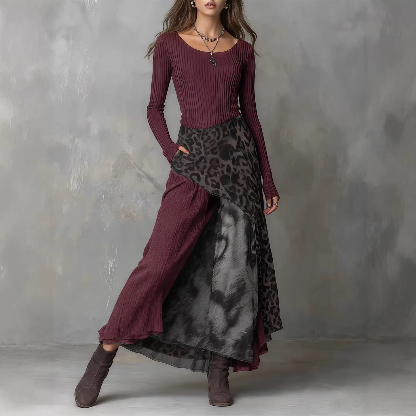 Leopard Print Elastic Waist Large Swing Dress