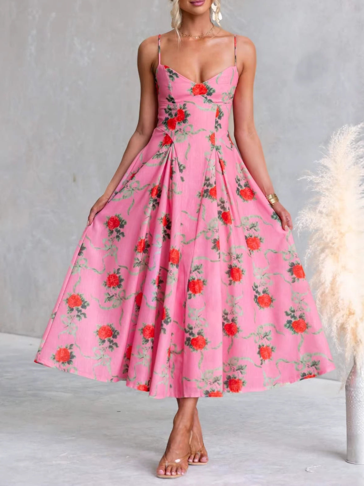 Women's Summer Flower Printed Large Swing Strap Beach Dress