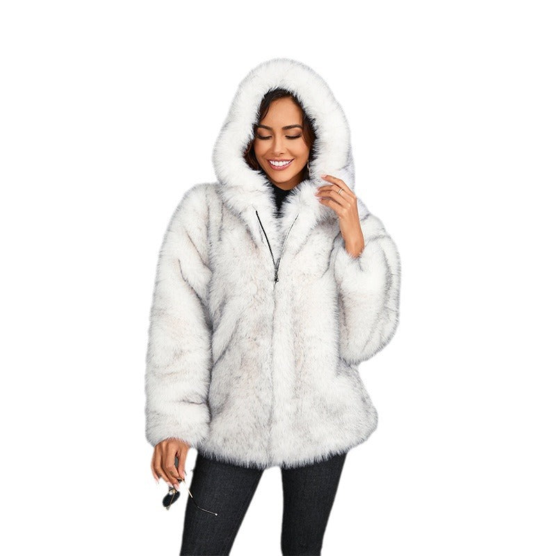 Fur Solid Color Loose Hooded Collar Coats