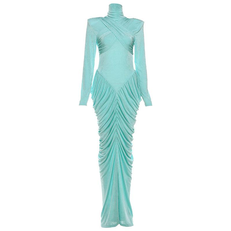 Women's Temperament High Collar Solid Color Long Dresses