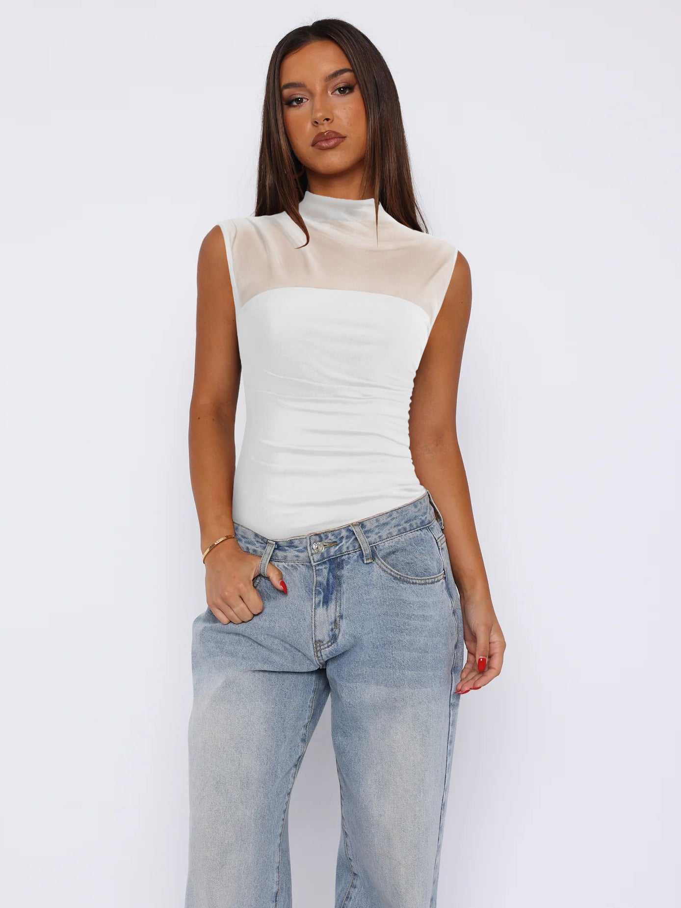 Women's Summer Half Collar Pure Color Mesh Tops