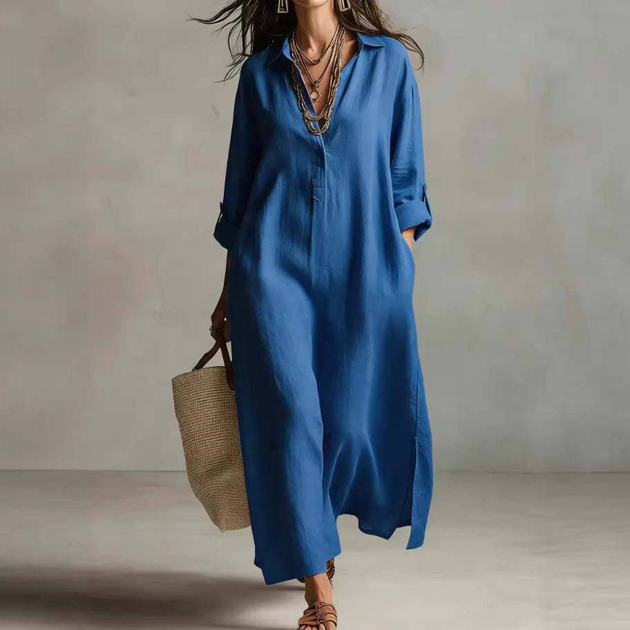 Solid Color Polo Collar Casual Long Sleeve Shirt Idle Dress