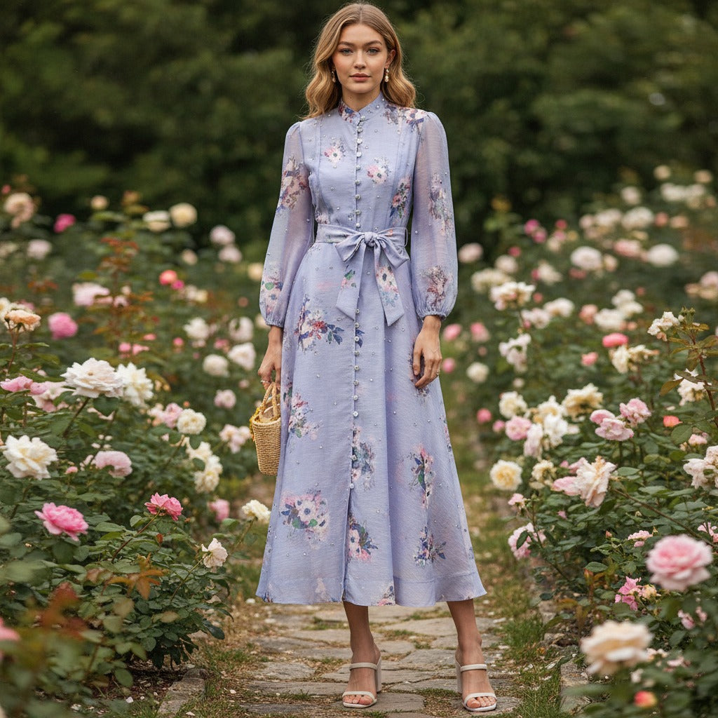 Silk Linen Starry Rhinestone Breasted Umbrella Dresses
