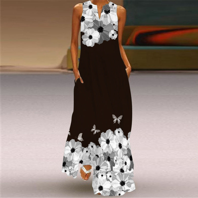 Women's Summer Sleeveless Vintage Printed Dress Long Dresses