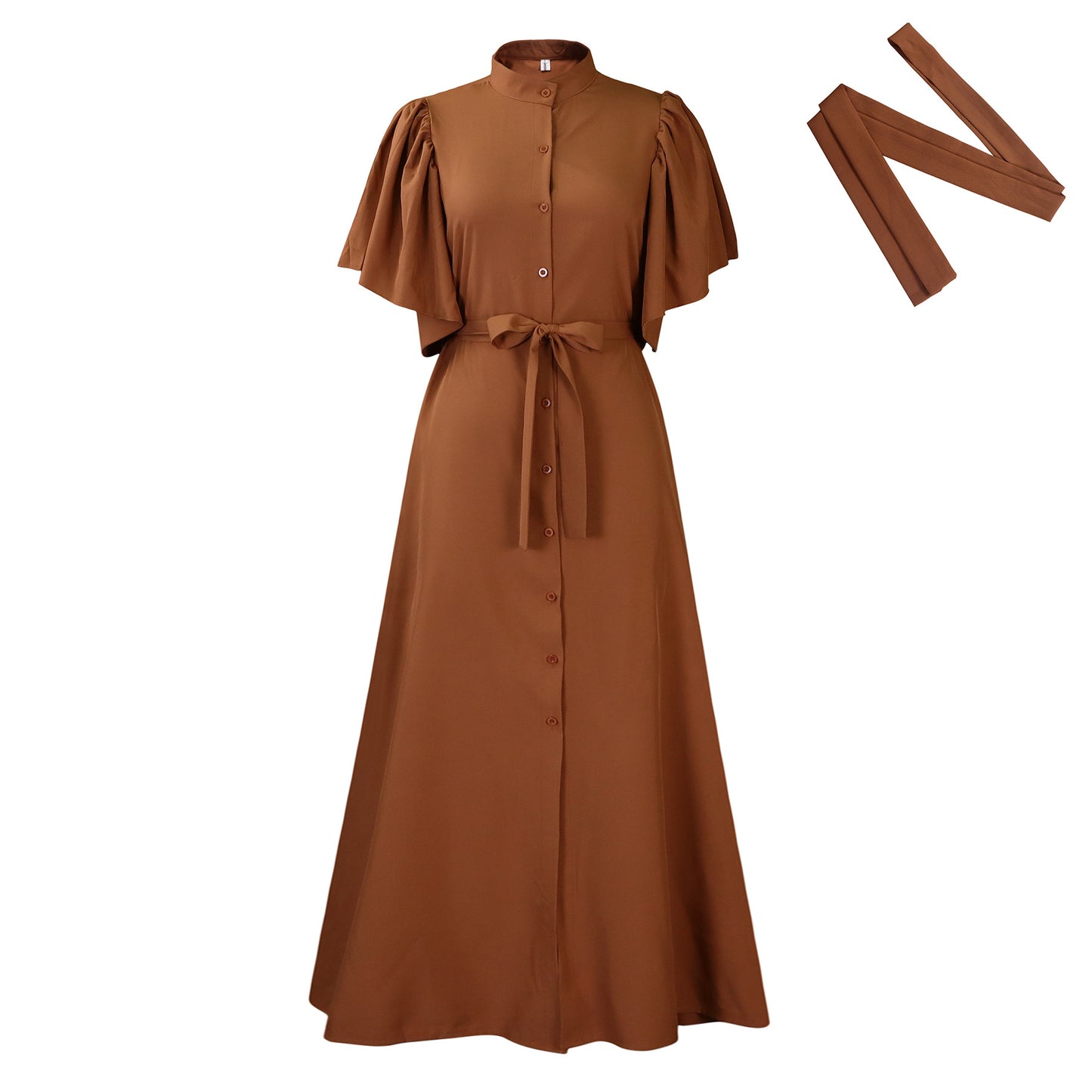 Fashion Flared Sleeves Single Breasted Belt Waist Dress