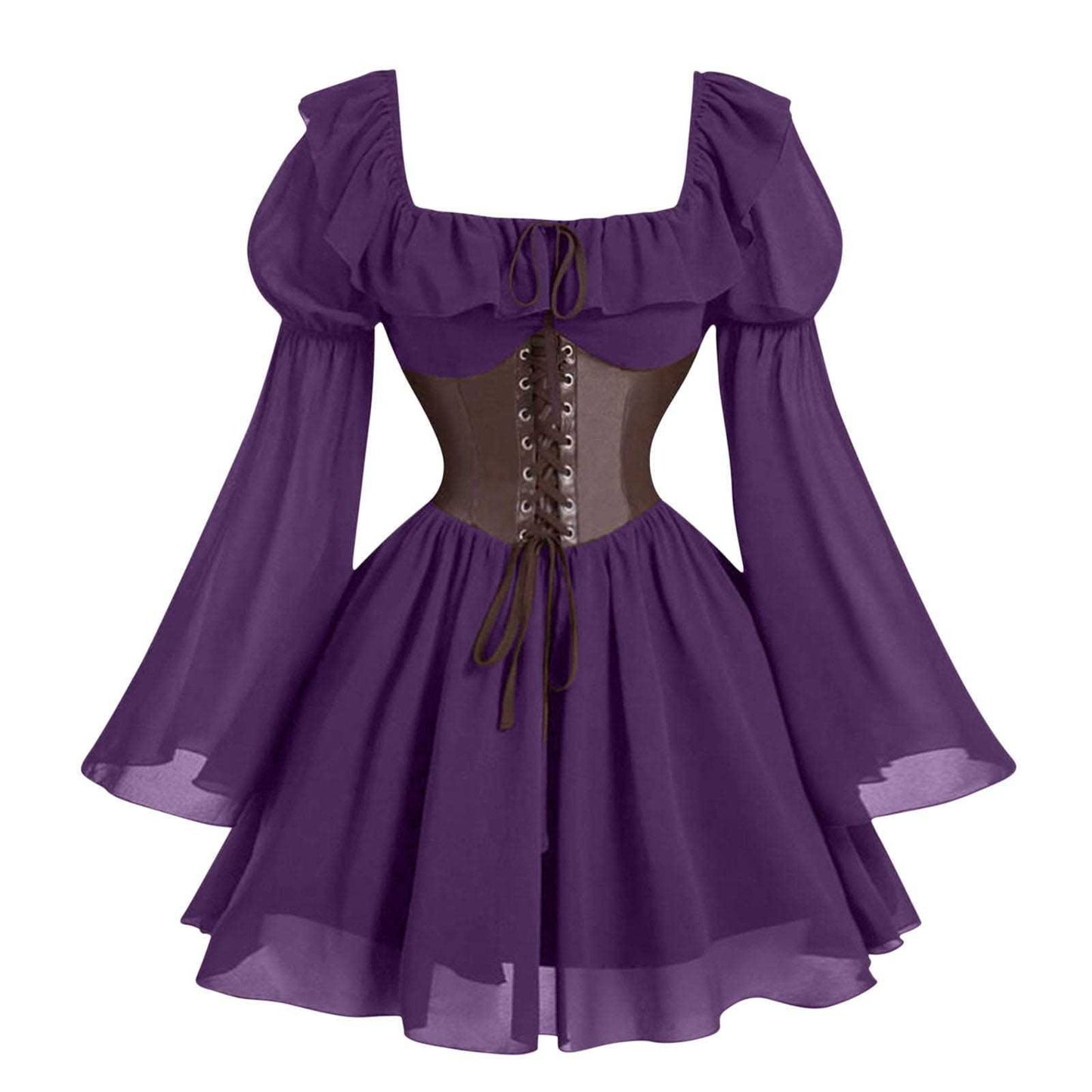 Medieval Puff Sleeve Dress Halloween Drawstring Skirts