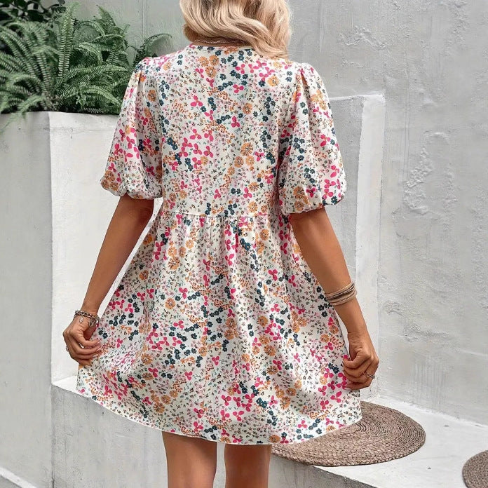 Women's Summer Sweet Floral Printed Puff Sleeve Pleated Casual Dress