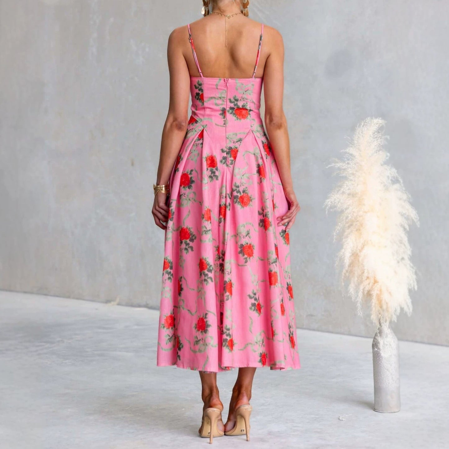 Women's Summer Flower Printed Large Swing Strap Beach Dress