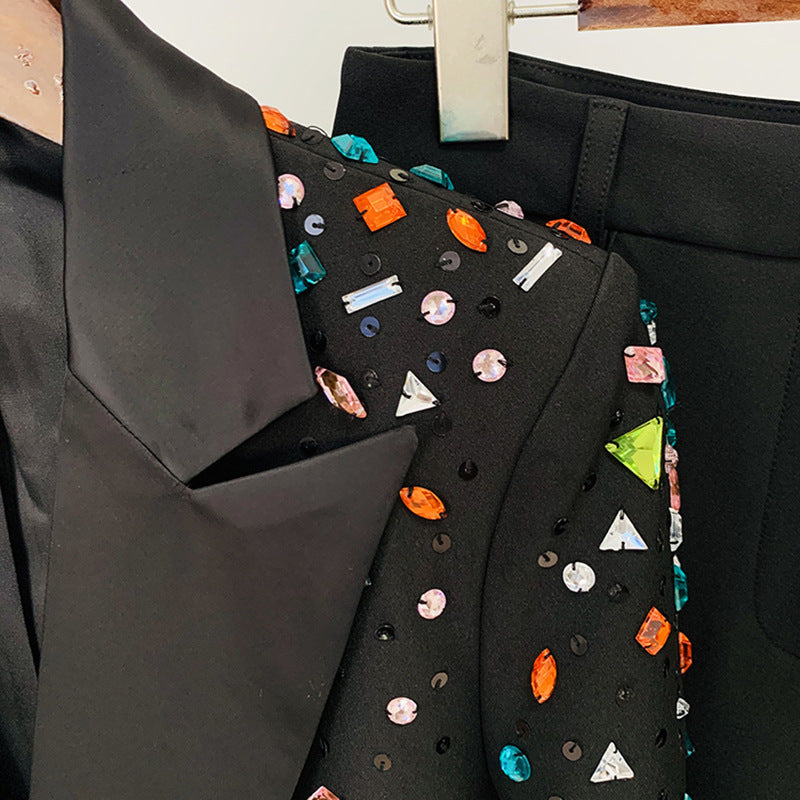 Bead Colorful Crystals Slim Fit Two Fashion Casual Suit