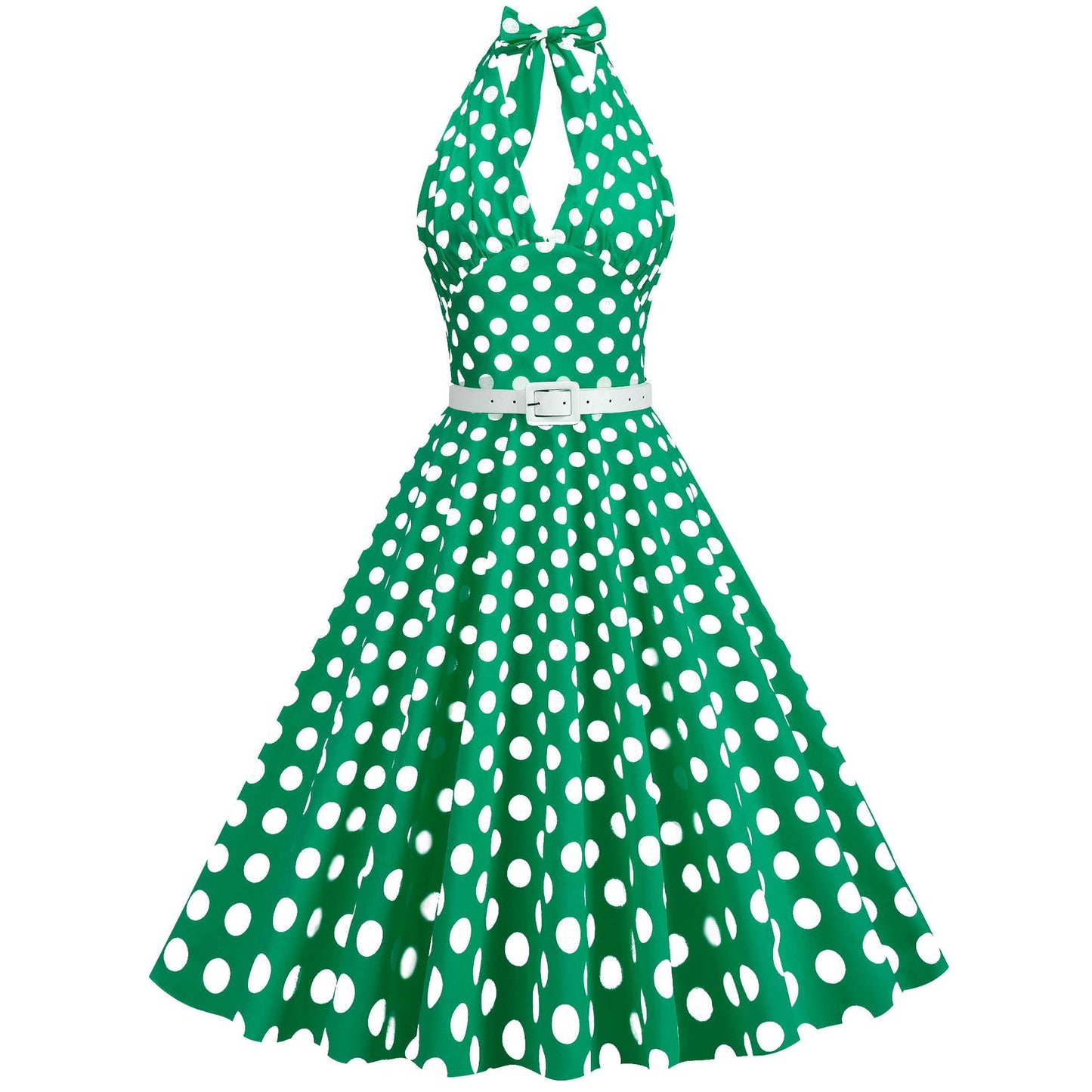 Women's Polka Dot Stitching Belt Halter Hepburn Dresses