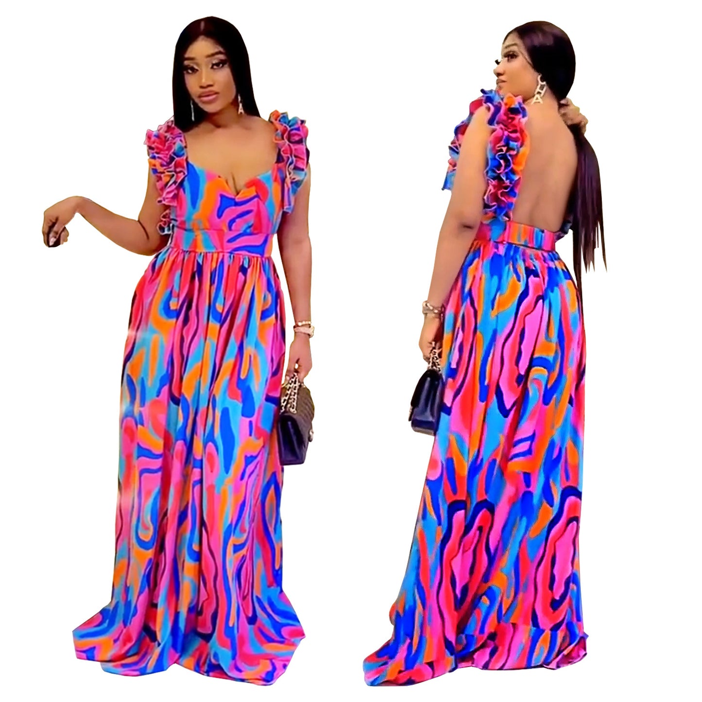 Women's Fashion Wear Elegant Ruffled Shoulder Strap Dresses