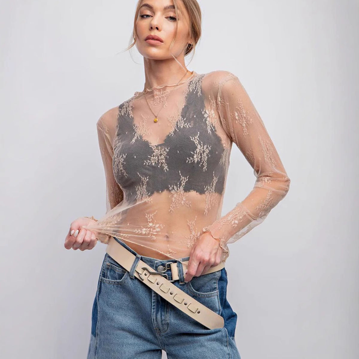 Women's Mesh Bottoming Shirt Slim Lace Floral Blouses