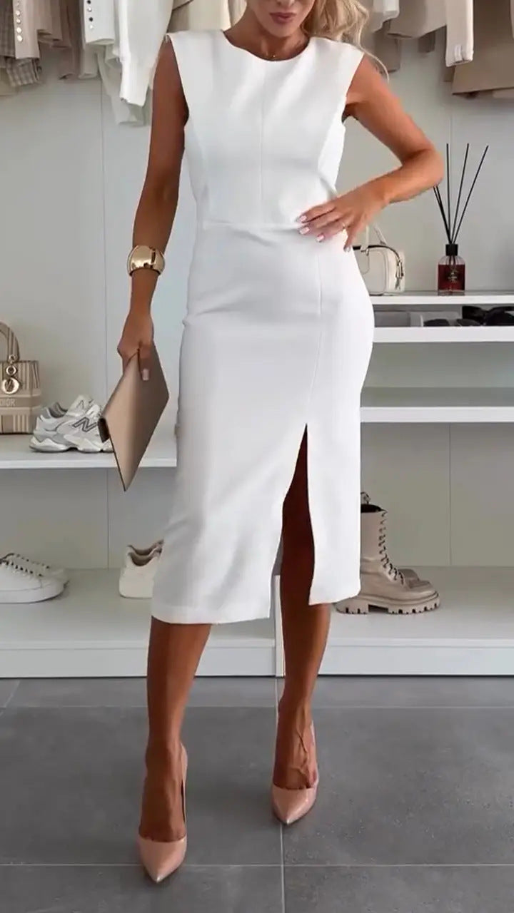 Women's Round Neck Elegant Split Solid Color Dress