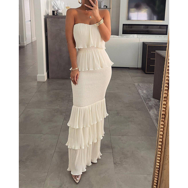 Women's Tube Smocking Pleated Ruffled Long Dress Blouses