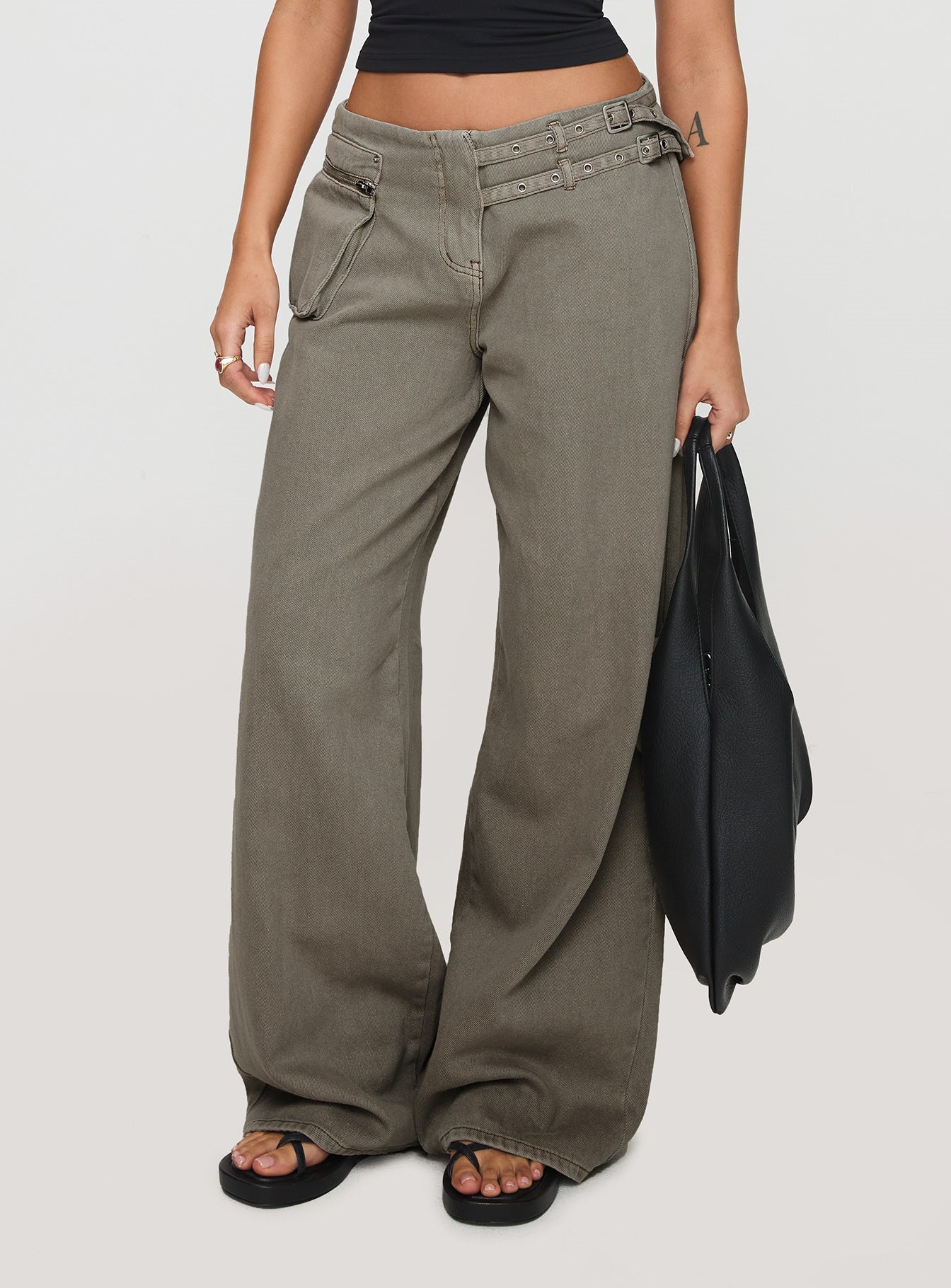 Women's Personality Street Adjustable Buckle Waist Side Pocket Detail Pants