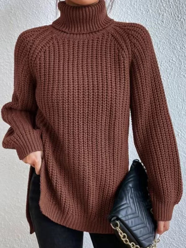 Women's Mid-length Raglan Sleeve High Lapel Split Knitwear