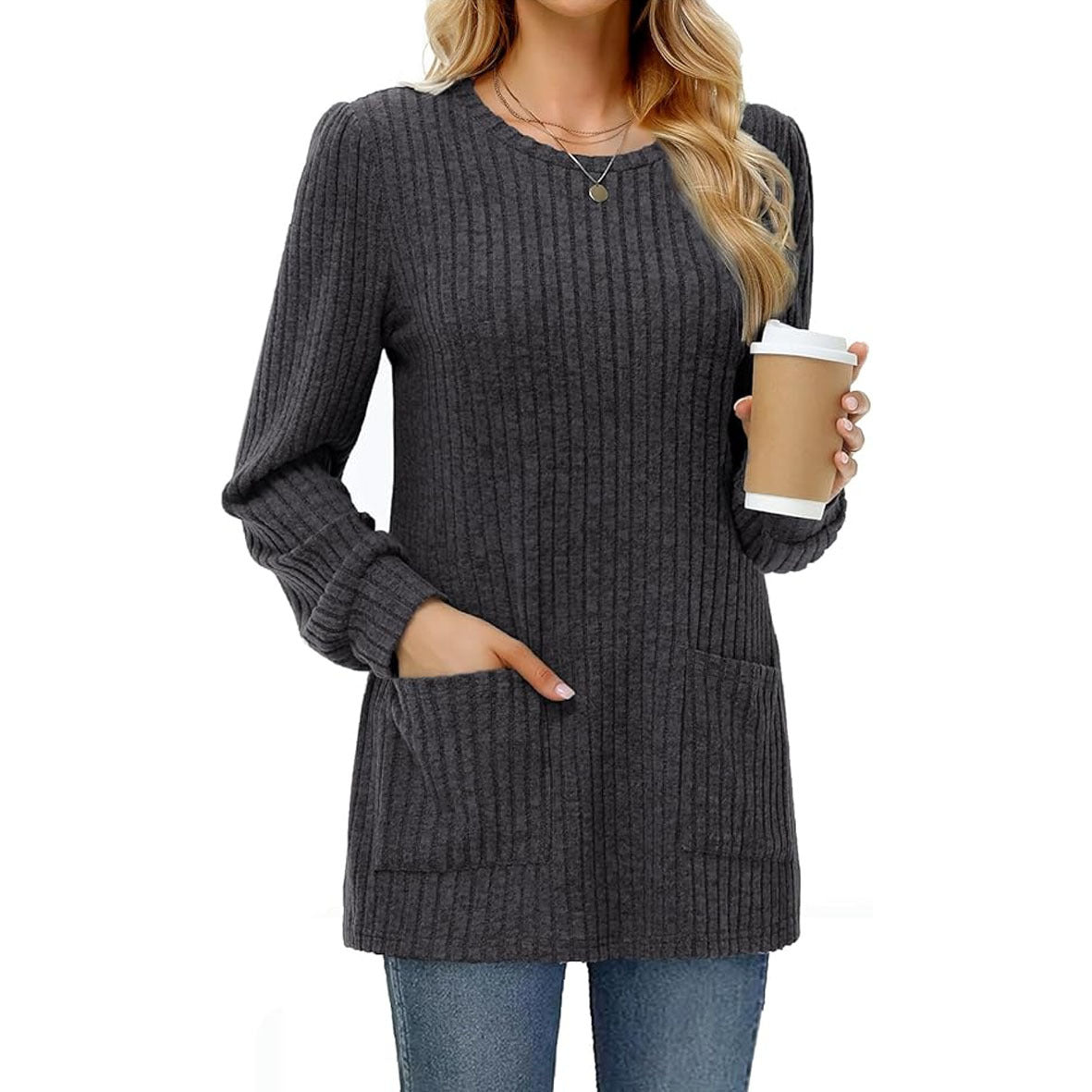 Mid-length Casual Round Neck Sunken Stripe Solid Sweaters
