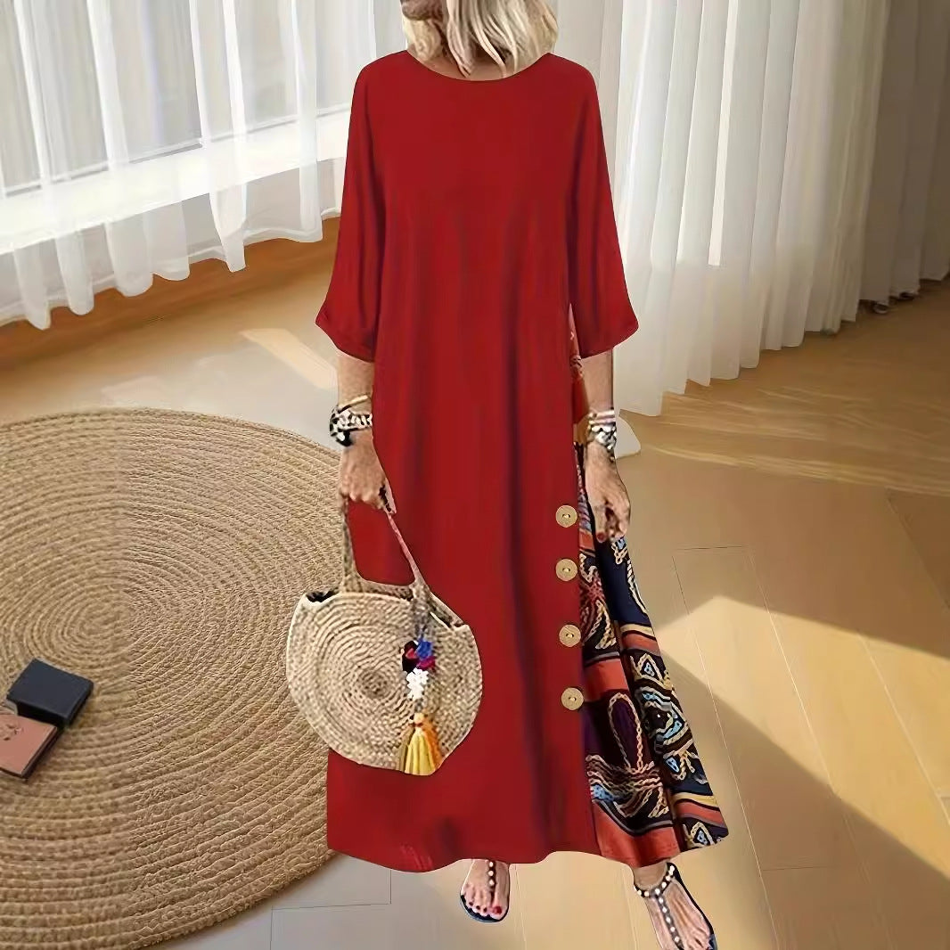 Autumn Temperament Button Printed Round Neck Dress