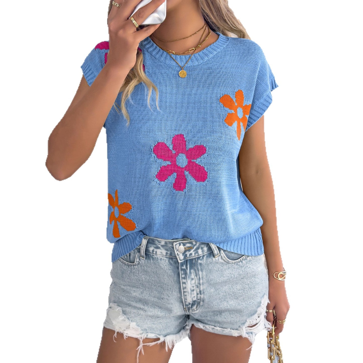 Women's Flower Casual Loose Batwing Sleeve Holiday Women's Sweater