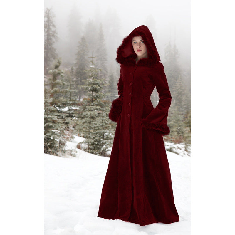 Women's Fur Collar Hood Single-breasted Large Swing Coats