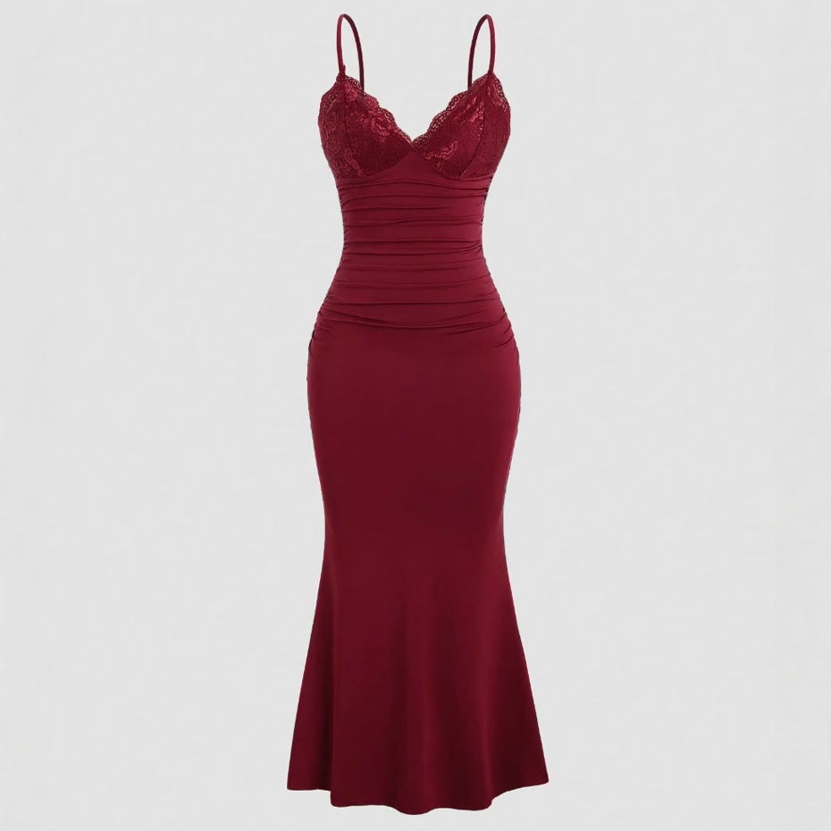 Women's American Elegant Lace Stitching Solid Color Pleated Fishtail Hem Suspender Dress