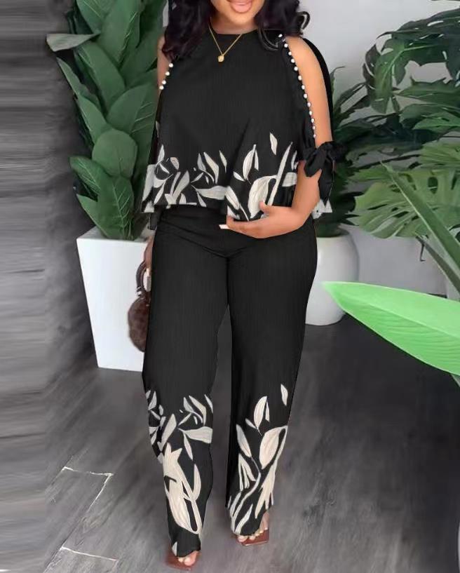 Women's Neck Bead Raglan Sleeve T-shirt Trousers Suits