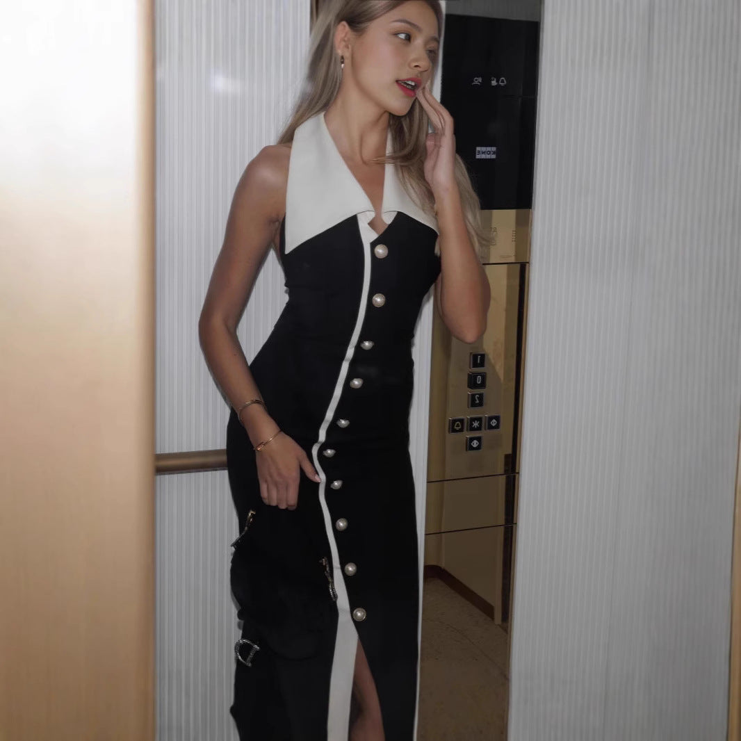 Color Contrast Reverse Collar Design Sense Mid-length Advanced Black White Dress