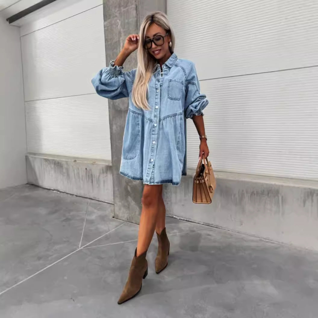 Women's Russian Shirt Button Denim Long Sleeve Dresses
