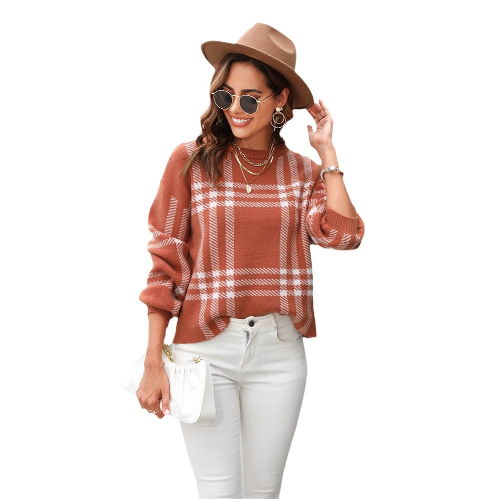 Women's Spring Large Plaid Stitching Casual Fashion Pullover Sweaters