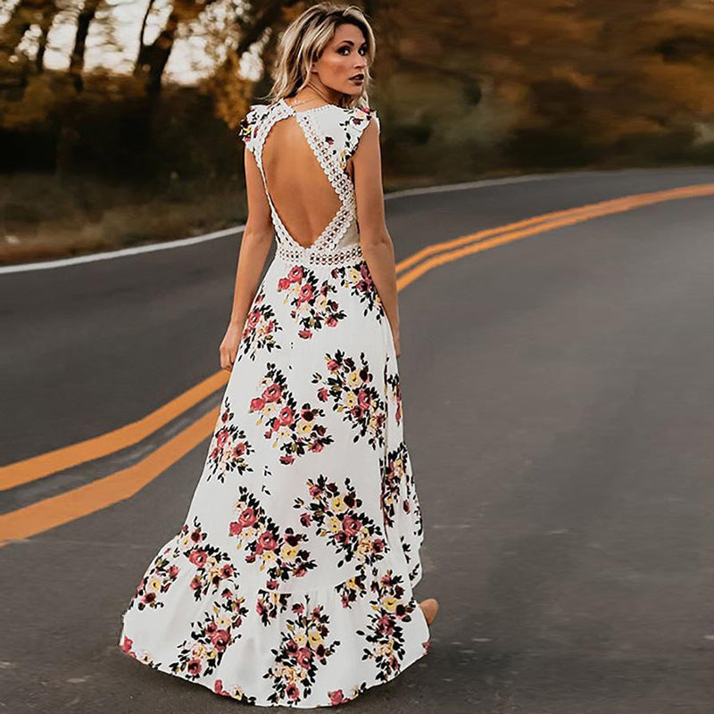 Women's Sleeveless Printed Floral Large Swing Irregular Dovetail Dress