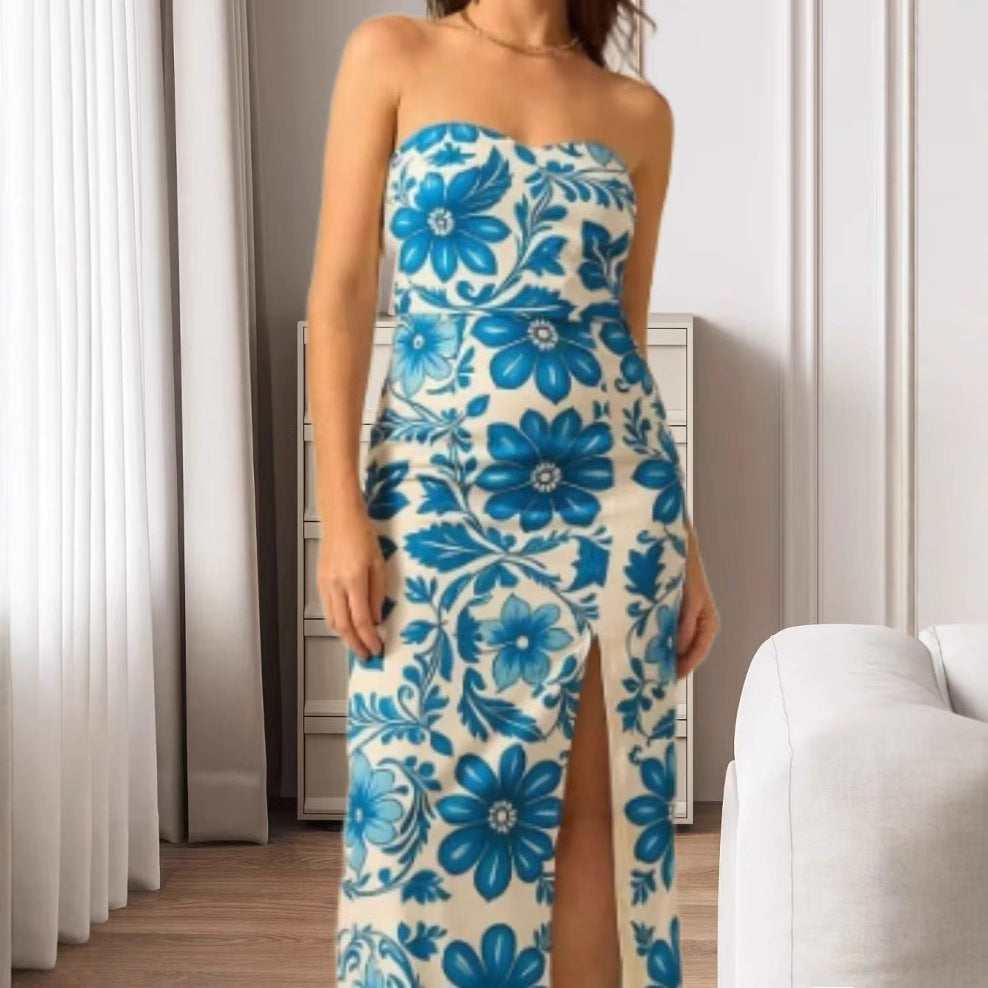 Stylish Summer Printed Chest Wrap Slit Dress