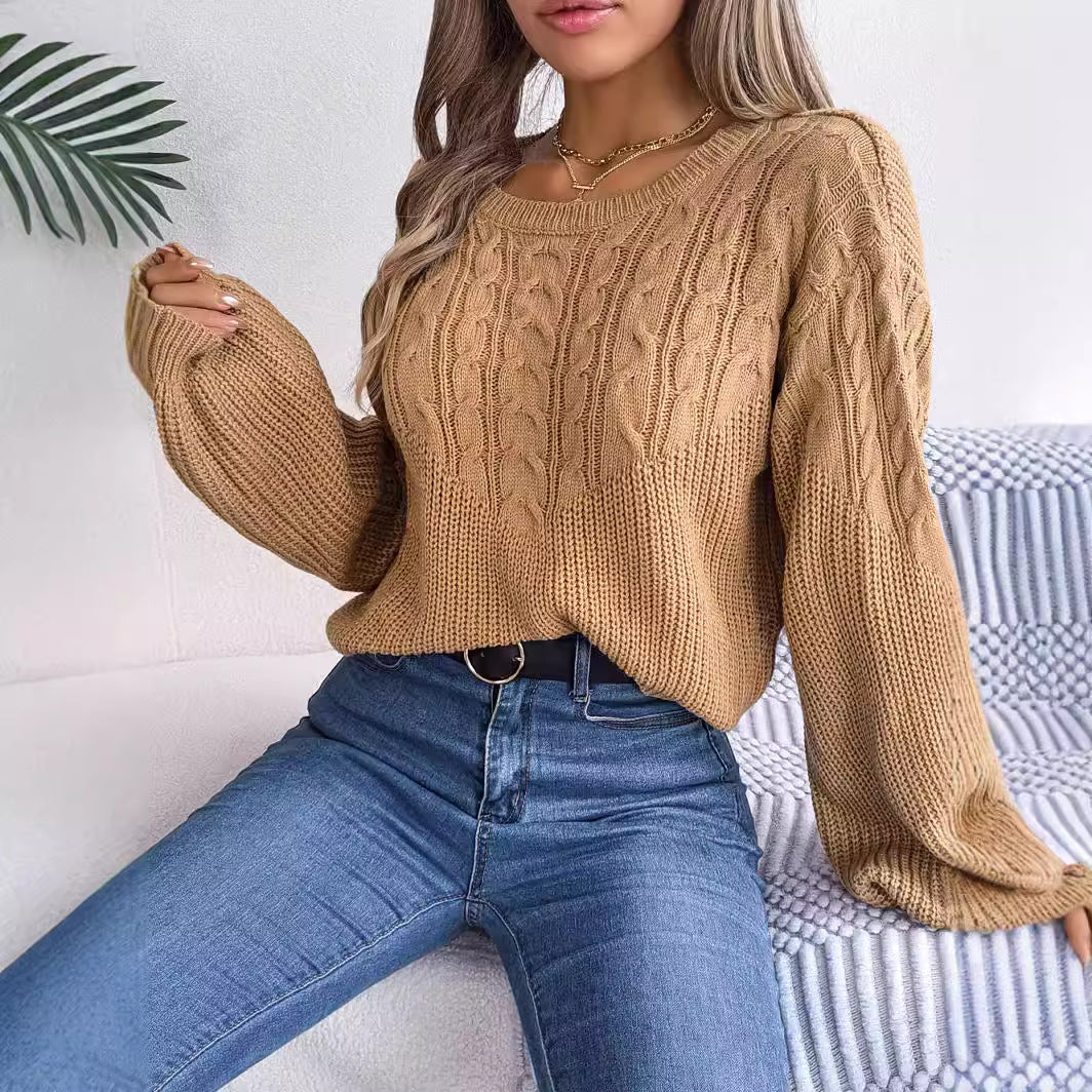 Women's Casual Twist Lantern Sleeve Crew Neck Sweaters