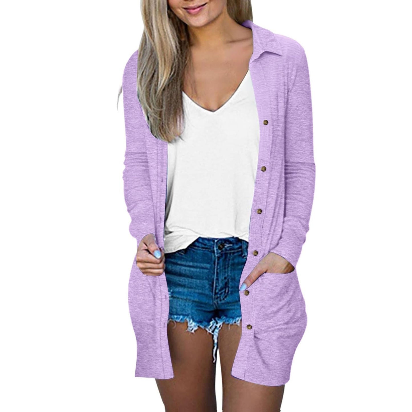 Women's Button Double Pocket Solid Color Casual Polo Collar Long Cardigans