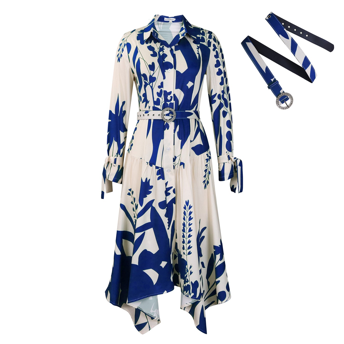Women's Summer Fashion Temperament Printed Lapel Long Sleeve Skirts
