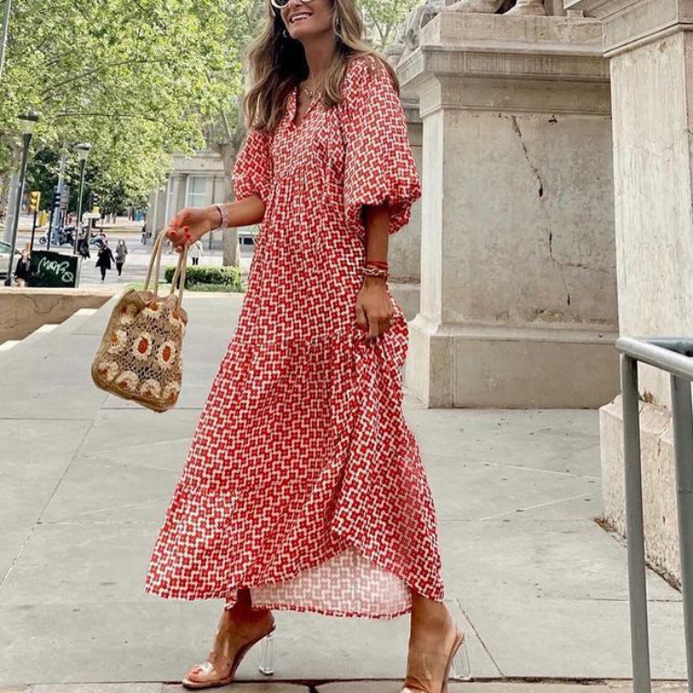 Women's Autumn Geometric Print Puff Sleeve Dress Dresses