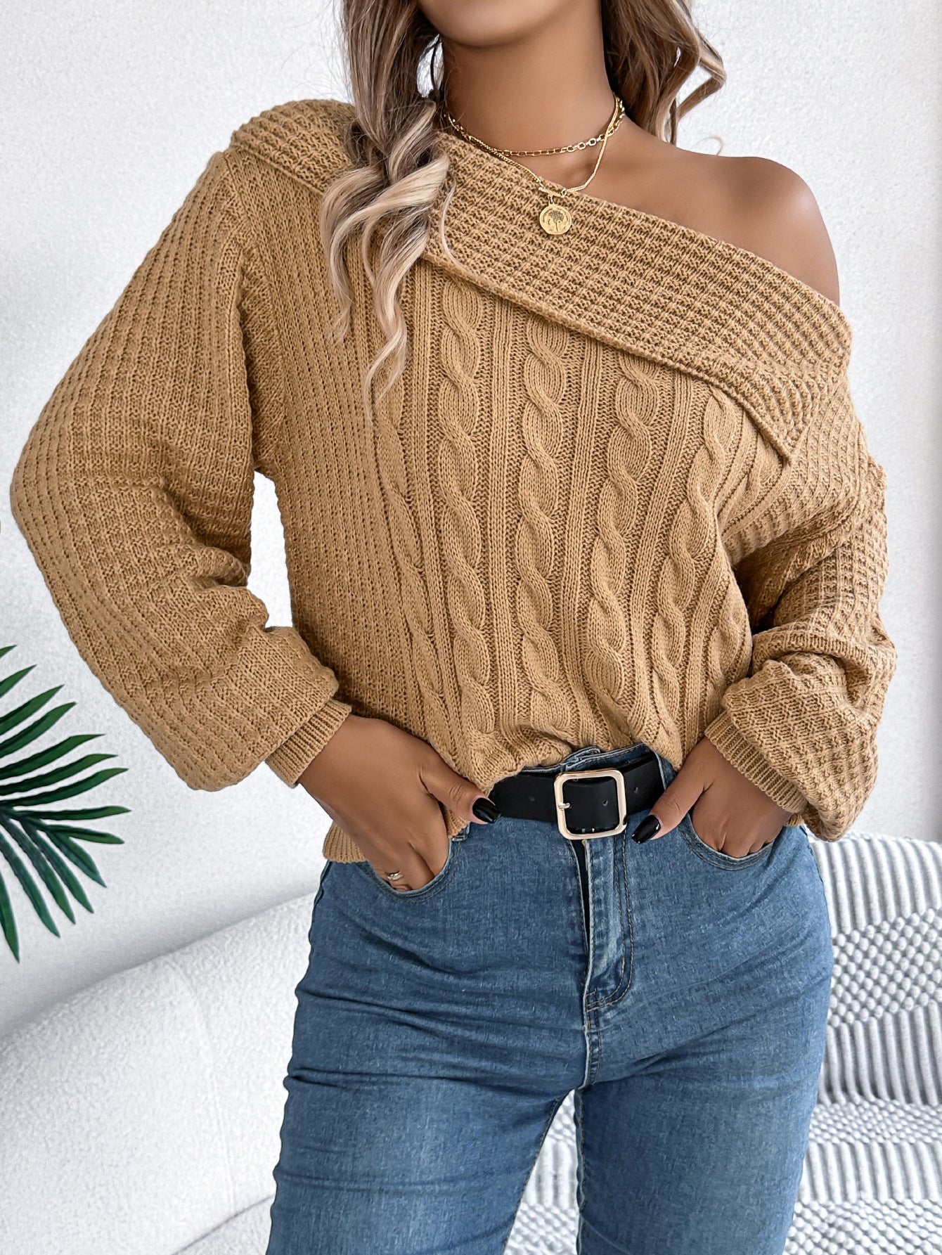 Women's Casual Sexy Lapel Twist Long Sleeve Sweater
