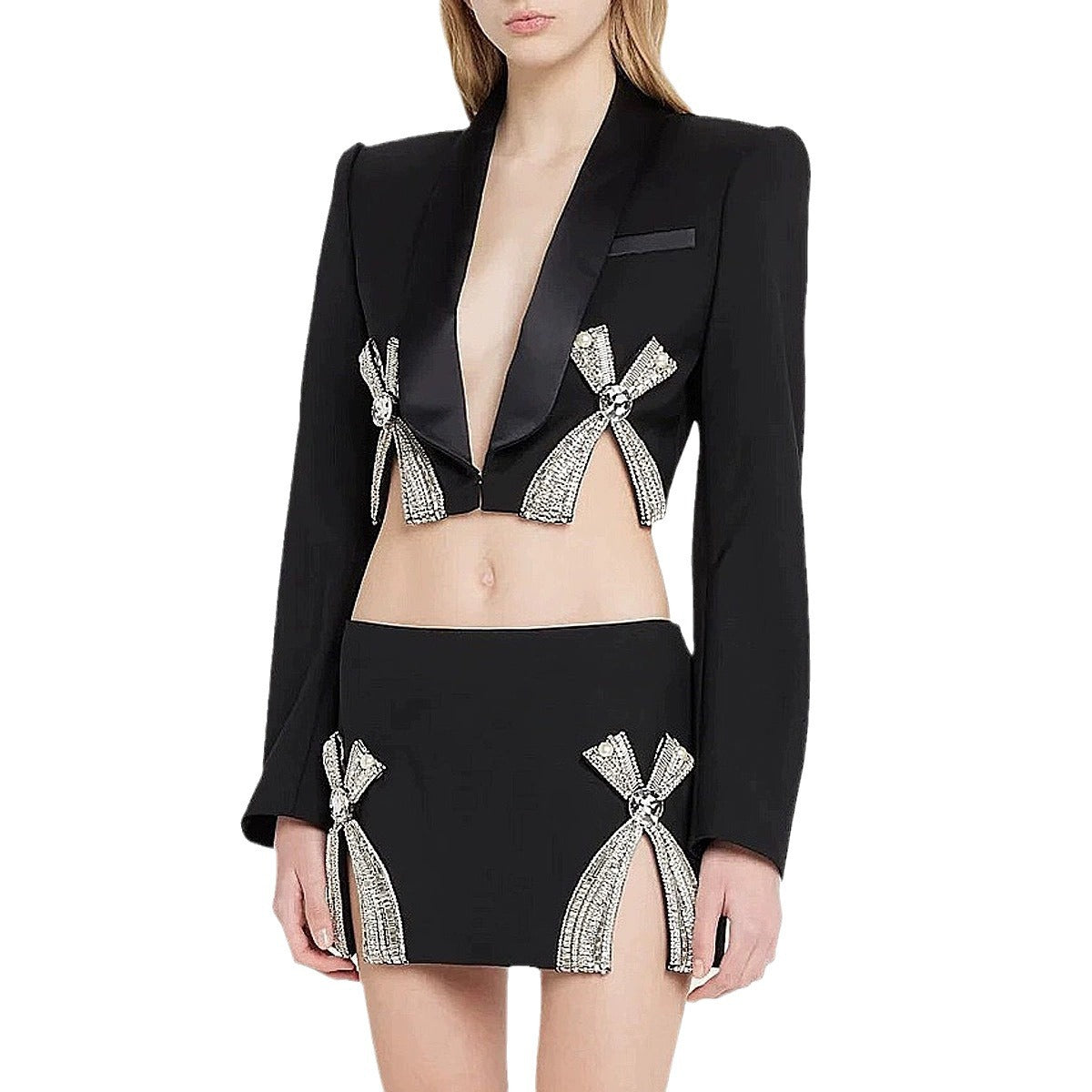 Stylish Charming Refined Rhinestone Bow Split Fashion Casual Suit