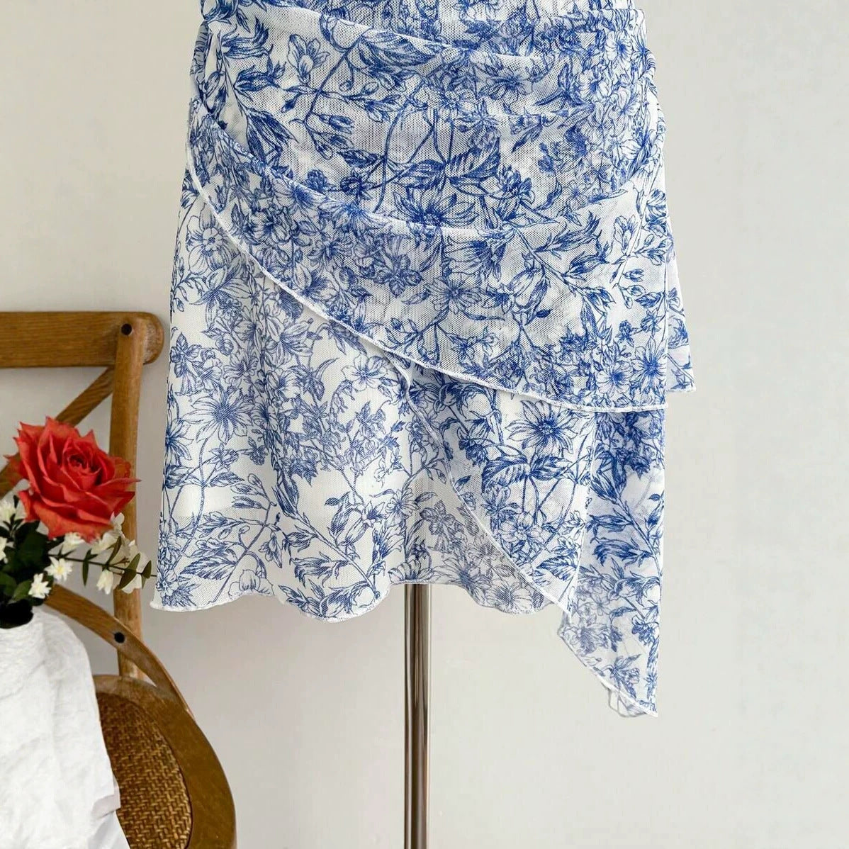 Blue Floral Fashion Temperament Leisure Sweet Mesh Dress