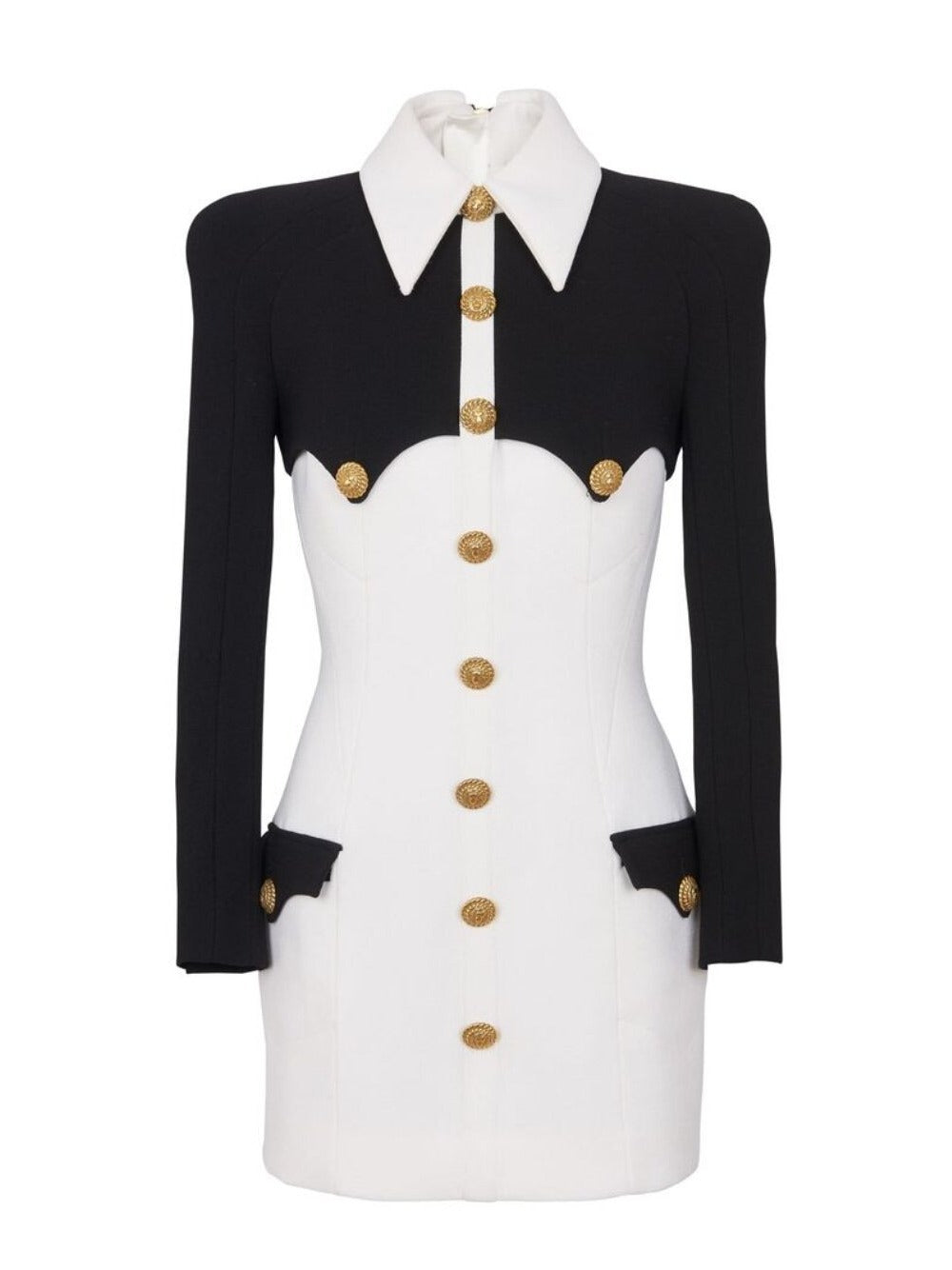 White Stitching Collar Metal Button Bandage Dresses
