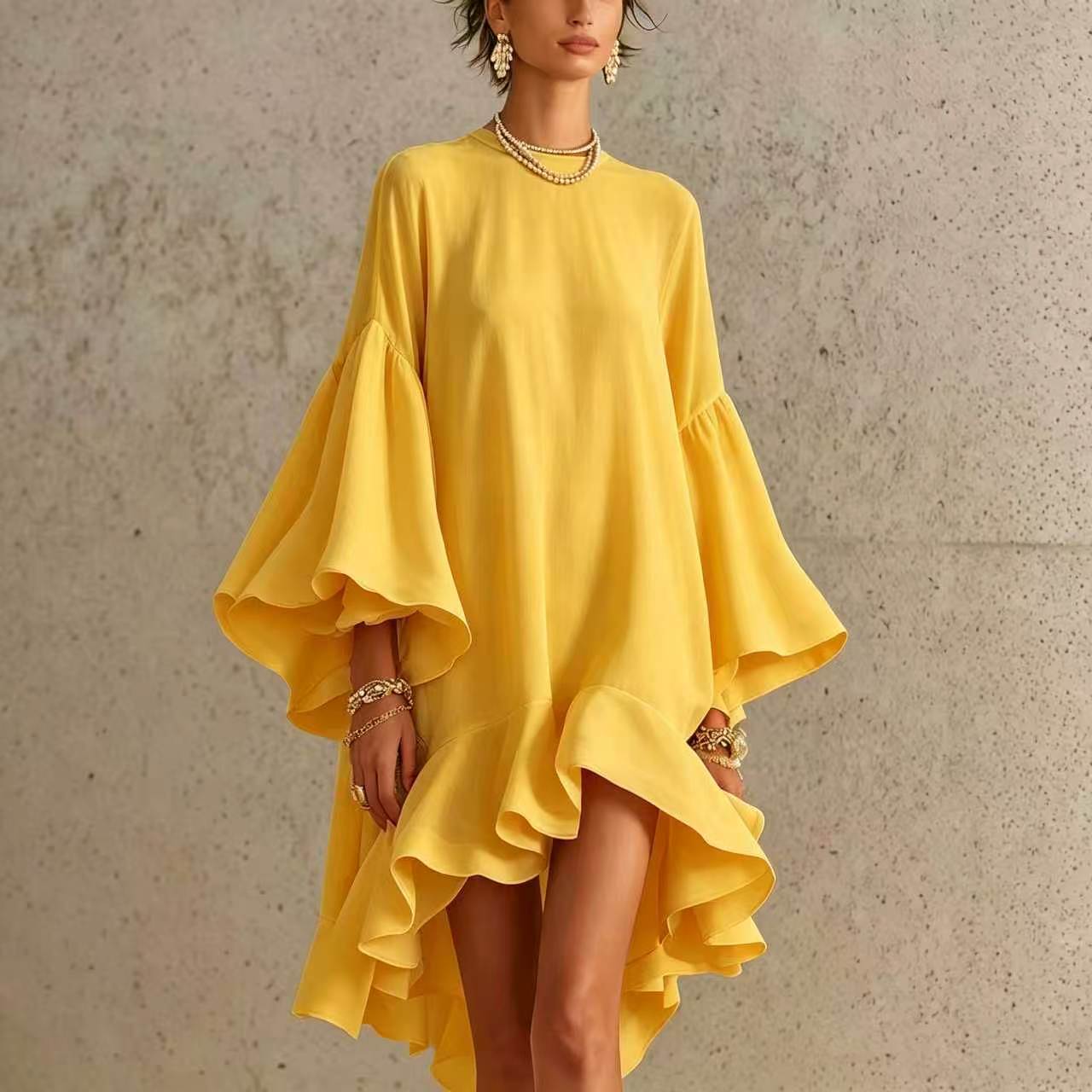 Color Round Neck Large Bell Sleeve Ruffled Dress