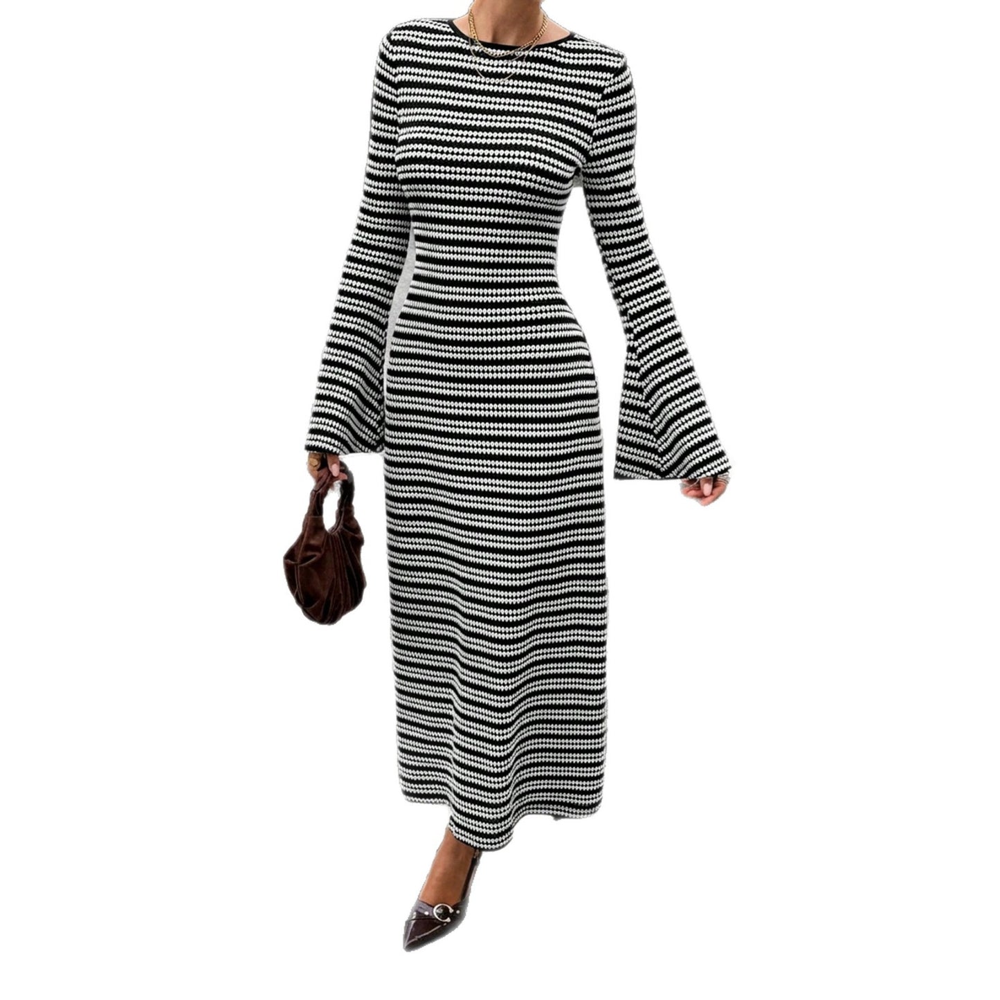 Women's Striped Backless Flared Long-sleeved Knitted Dress