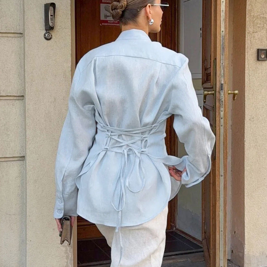 Women's Linen Ribbon Shirt Design Sense Graceful Fashionable Blouses
